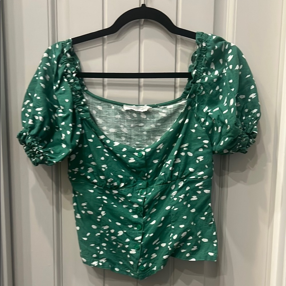 Lush Green and White Puff Sleeve Ruched Blouse